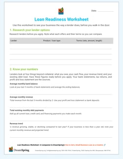 DreamSpring DreamCreative Downloadable Loan Readiness Worksheet
