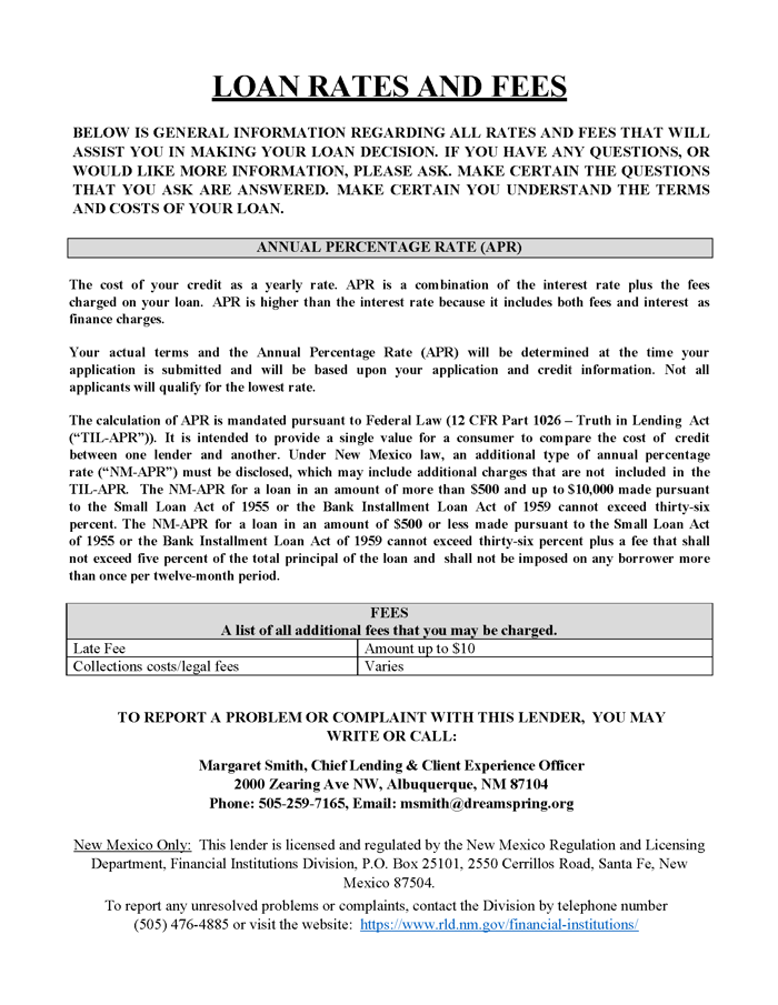 Loan Rates and Fees Disclosure - DreamSpring 2023